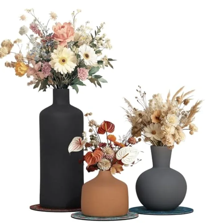 Ceramic Vase Set of 3 - Matte Textured Rustic Farmhouse Vases Home Decor, Modern Neutral Flowers Vases for Shelves Decor, Kitchen Shelf, Living Room, Mantel and Entryway with Non-Slip Pads