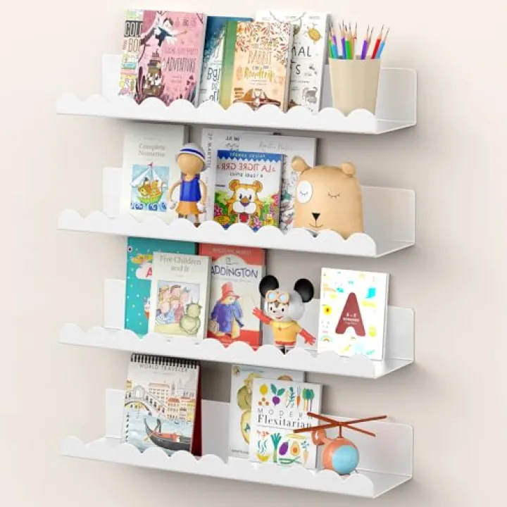 Gattlukd Nursery Book Shelves, 17 Inch Metal Floating Shelves for Wall 4 Pack, Scalloped Shelves, Wall Mounted Book Shelf for Kids Bedroom, Baby Room, Nursery Decor (White)