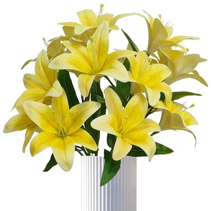 ARTIFIPLANT Artificial Lily Flowers,6 Pcs Faux Lily Flowers,23 Inch Long Stem Tiger Lily Branch with 3 Full Blooms and 4 Leaves, Latex Real Touch Lilium Flower for Wedding Bouquet (6, Yellow)