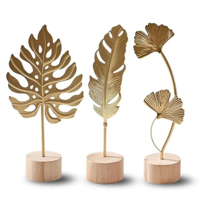 Uimoky Gold Leaf Home Decor Set - Metal Leaves Statues, Modern Artistic Sculptures for Living Room, Office, Shelf & Home Decorative, Handmade 3D Botanical Accents (Monstera, Feather, Ginkgo, 3PCS)