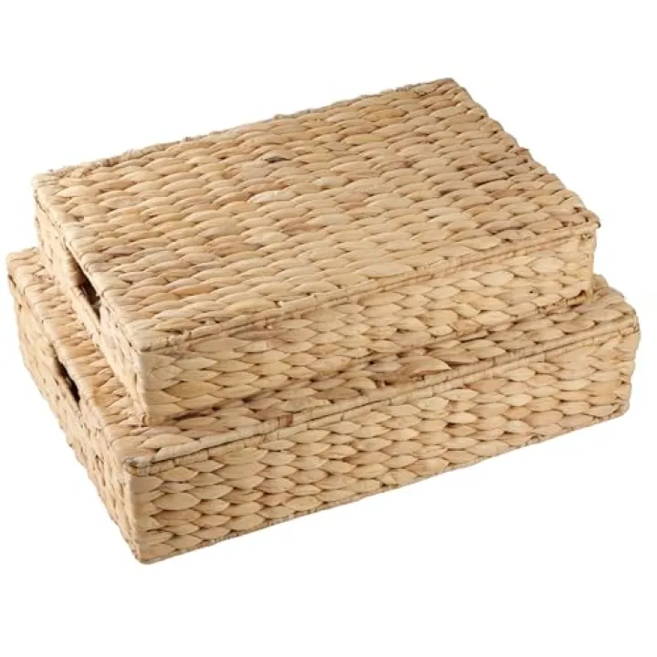 84ECO Set of 2 Wicker Baskets with Lid for Organizing - Decorative Storage Boxes With Lids for Home Decor, Shelves - Organic Modern Home Decor - Remote Box - Coffee Table Basket