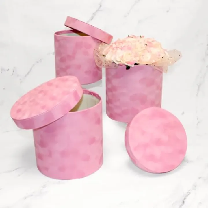 Creative Ideas Pink Velvet Round shaped gift boxes with Lids, Set of 3, for floral arrrangements, decorations, gift packaging.