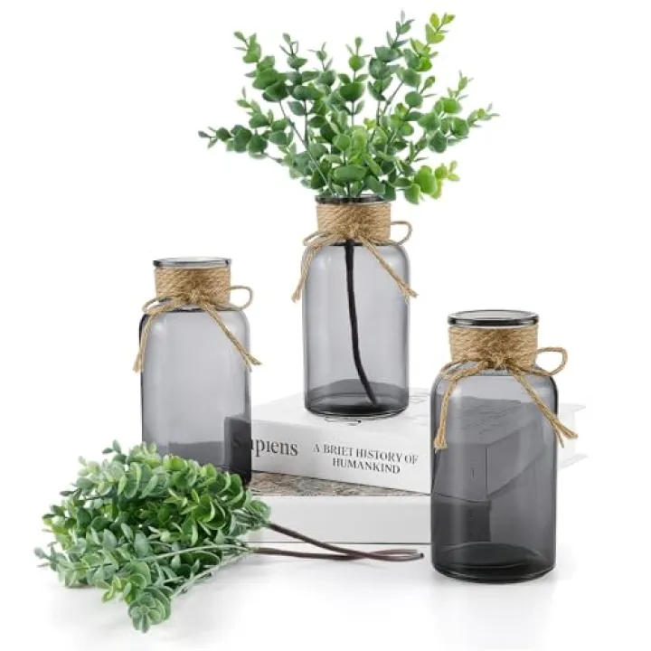 Set of 3 Black Glass Vases with Fake Eucalyptus Vintage Vase for Flowers Cylinder Bottle for Wedding Reception Home Table Decor Farmhouse Floral Arrangements Party Decoration