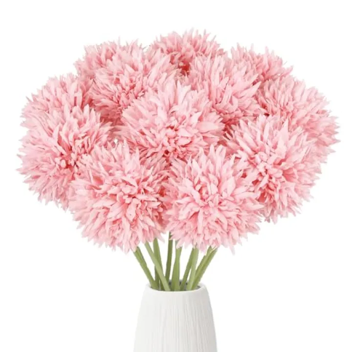 IPOPU 12PCS Pink Chrysanthemums Artificial Flowers 17.3’’ Fake Mums Silk Flowers with Stems for Wedding Home Kitchen Party Garden Indoor Decoration(Pink)