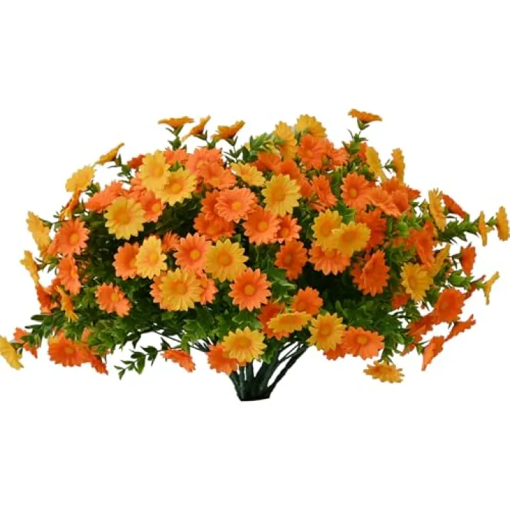NAWEIDA Artificial Fake Flowers Plants for Outdoor Decoration, Faux Flower Yellow Orange Daisy with Eucalyptus Leaves for Planter Front Door Porch Patio Balcony Decoration, 10 Bundles