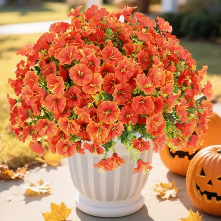 12 Bundles Fall Flowers Artificial for Halloween Decoration, Fake Flowers Artificial Plants Outdoor, Colorful Faux Morning Glory Realistic UV Resistant for Garden Patio Porch Home Decor (Orange)