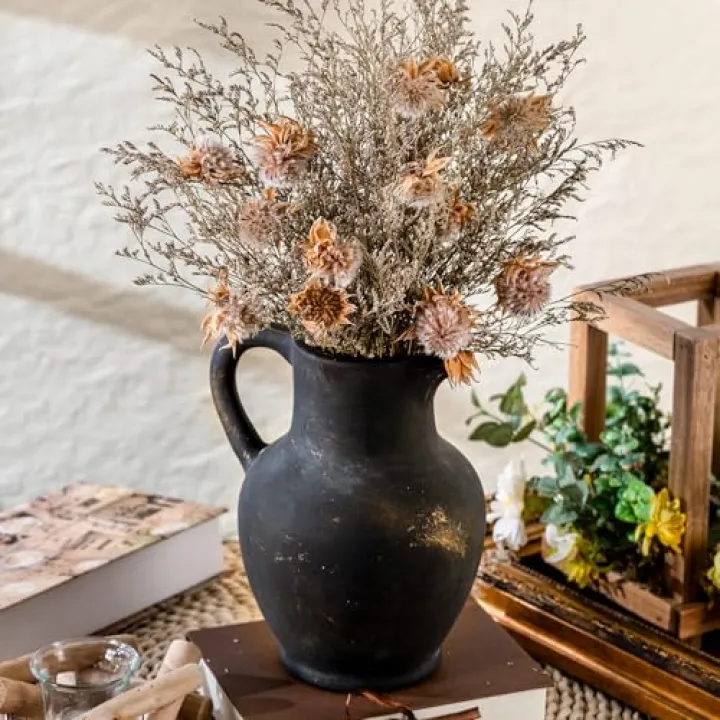 Varsoul Ceramic Rustic Farmhouse Vase with Handle, Terracotta Vase, Minimalist Decorative Vases for Home Decor, Table, Living Room, Shelf, Christmas Decoration(Bronze)