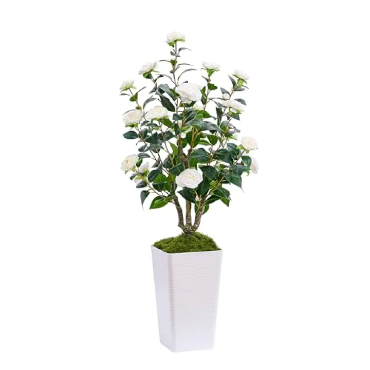 Artificial Camellia Tree 4FT Faux Trees Indoor Fake Floral Plant Blooming Tree with White Flowers & White Tall Planter, Faux Camellia Plants for Porch Home Room Bedroom Office Front Door Outdoor Decor