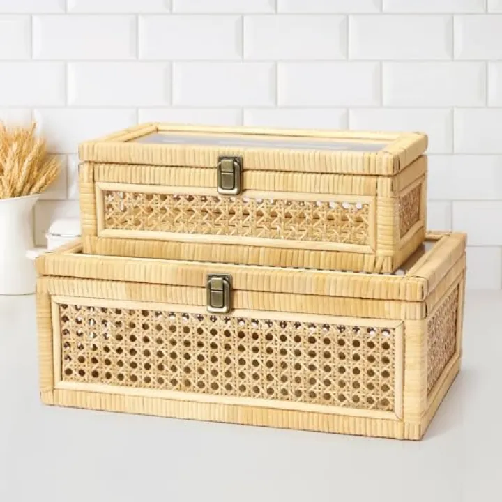 Rattan Decorative Box with Lid, Set of 2 Wicker Storage Baskets, Rectangular Woven Stacking Display Boxes with Glass Top, Large Natural Cane and Wood Storage Bins for Home Decor, Boho Shelf Organizer