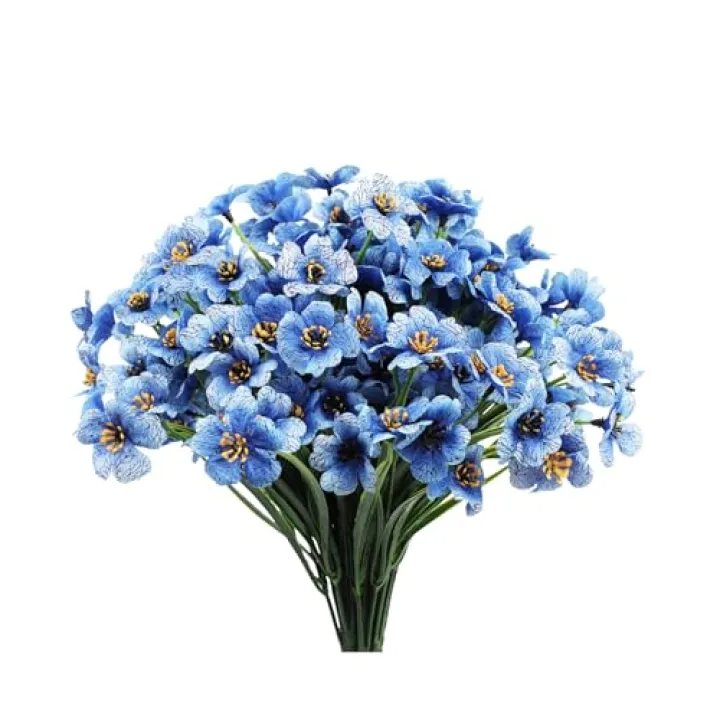 Lyrtrees 12 Bundles Blue Artificial Flowers for Home Décor, No Fade Faux Flowers Fake Plastic Plants for Decoration Hanging Planters Indoor Outside Garden Porch Window Box