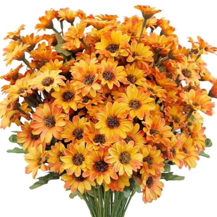 FOUSUKA 10 Bundles Artificial Fall Flowers Fake Mums Outdoor No Fade Faux Silk Daisy Bulk Plants Flower Arrangements for Autumn Home Outside Porch Patio Farmhouse Garden Pots Planter Decor