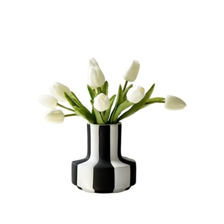 Modern Nordic Black and White Striped Ceramic Vase – Rough-Textured Minimalist Tabletop Decor for Living Room, Bedroom, Office – Unique Centerpiece for Wedding or Housewarming Gift