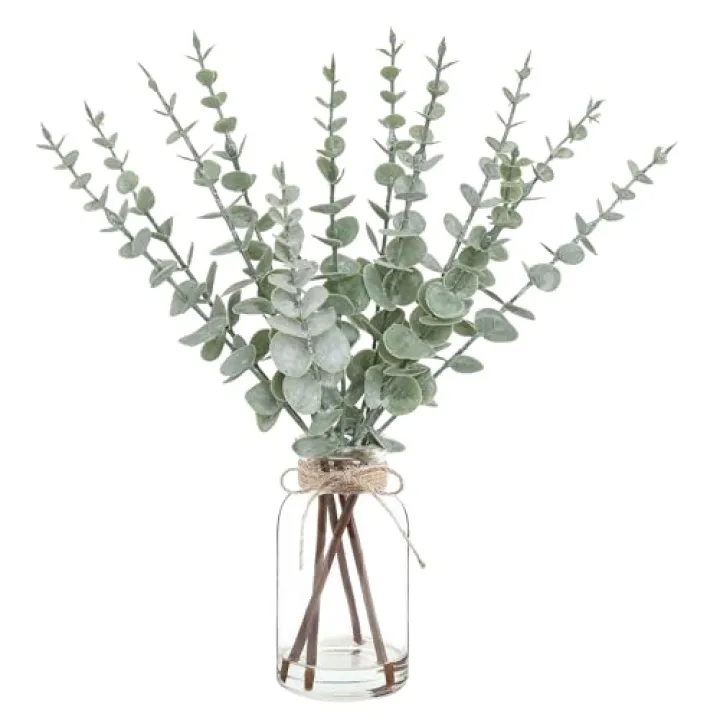 Artificial Eucalyptus Stems in Glass Vase with Faux Water,Artificial Plants Eucalyptus Leaves for Shelf Desk Bathroom Farmhouse Room Coffee Table Home Decor, Central Decoration.