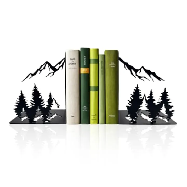 Matte Black Iron Heavy Duty Bookends - Laser-Engraved Mountain Design, Decorative Shelf Stoppers for Books, Space-Saving Desk Organizer (Modern, Rustic, Vintage Style)