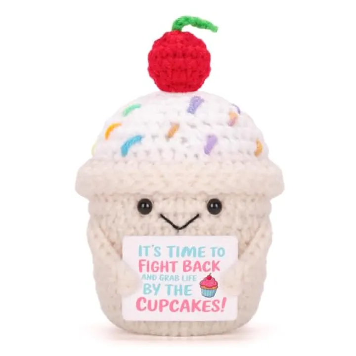 COZYMATE Positive Crochet Cupcakes with Affirmation Messages Crochet Emotional Cupcake Plush for Women Best Friends Christmas Birthday Emotional Gifts (Beige)