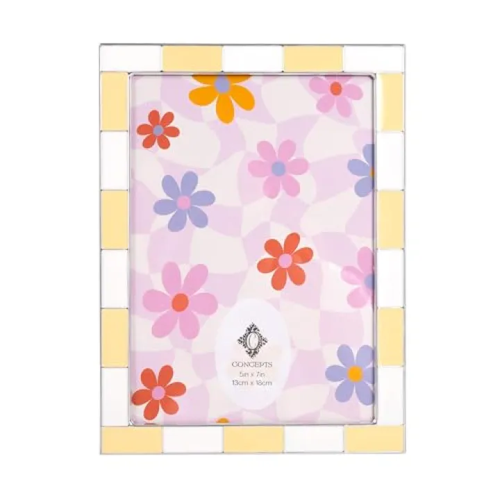 Concepts 8x10 Yellow And White Checkered Retro Enamled Picture Frame With HD Clear Glass, Extra Durable Photo Frames - Display Wallhung/Tabletop Vertically Or Horizontaly