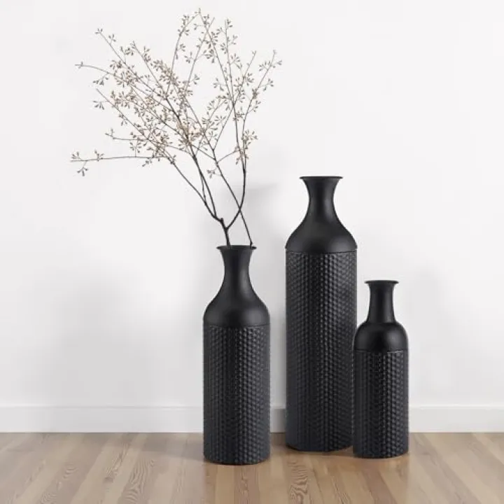Set of 3 Tall Metal Floor Vases Oversized Black Decorative Hammered Vase Rustic Standing Cylinder Vases with Nesting Design for Living Room Entryway Fireplace Hallway or Home Corner