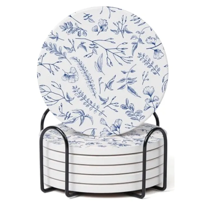 Hoomey Set of 6 Floral Blue and White Coasters with Holder, Absorbent Ceramic Drink Coasters with Cork Backing for Table Protection, Coffee Table Décor