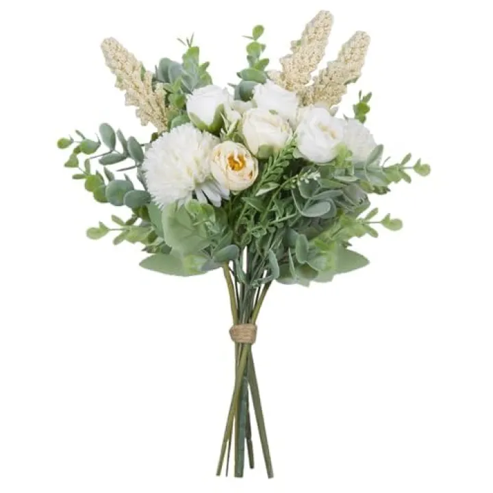 Meldel 3Pcs Rose Bouquet White&Champagne Artificial Flowers Eucalyptus Plants Silk Flower Arrangements Wedding Bouquets Decorations Plastic Floral Centerpieces for Home Kitchen Garden Party Decor