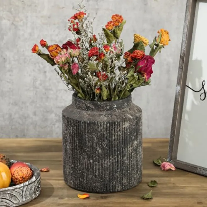Rustic Terracotta Ceramic Vase for Home Decor, Farmhouse Ribbed Decorative Vase for Dining Table, Coffee Table, Shelf, and Living Room - 6.1IN Vintage Style Flower Vase