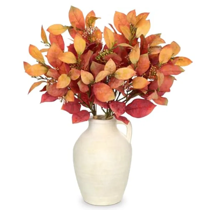 18" Artificial Fall Leave Bunches with Flower Seeds Branches for Autumn Decor, 3 Pcs Faux Burning Bush Leaves Bundles with Stems for Floral Arrangements, Thanksgiving & Wedding Centerpiece, Flame Red