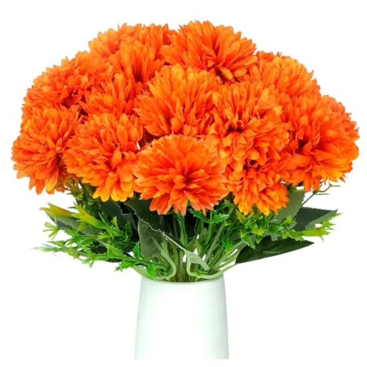 LSLYHTC 2Pcs Artificial Fall Flowers with 6 Heads Each, Fake Silk Chrysanthemums Orange Marigold Ball Flower Fake Mums for Autumn Dia De Los Muertos Day of The Dead Home Decor Outdoors Indoor