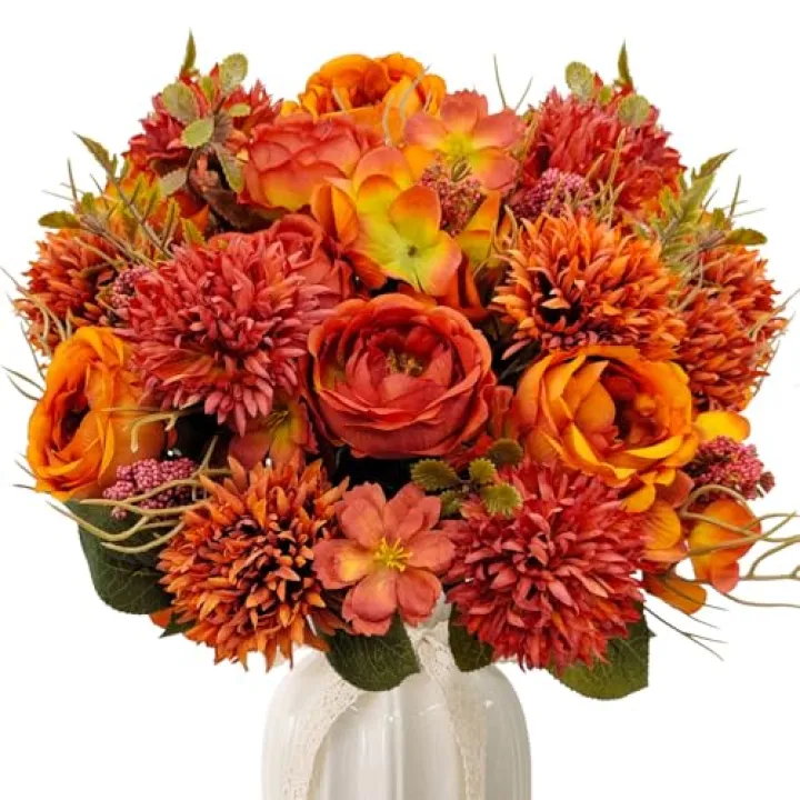 FOUSUKA 3 Bundles Fall Artificial Flowers Bouquet Fake Peony Silk Chrysanthemums Autumn Faux Floral Arrangements for Home Decor Indoor Living Room Kitchen Table Centerpieces Decoration (Burnt Orange)