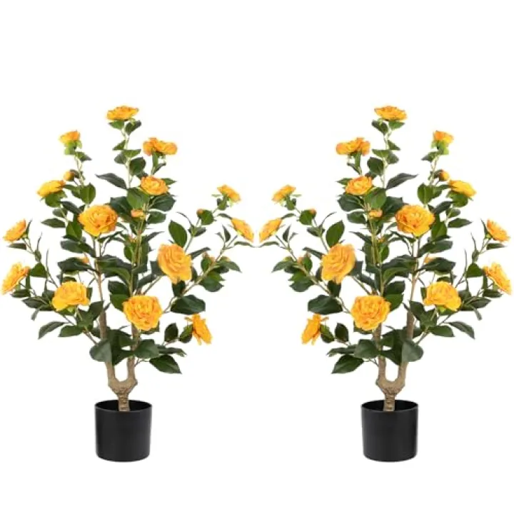 2Pack Artificial Camellia Tree, 35" Artificial Flower Plants Tree, Faux Floral Blooming Flower Tree, 3FT Tall Realistic Greenery with Black Pots for Indoor Outdoor Office Home Decor Flower (Orange)