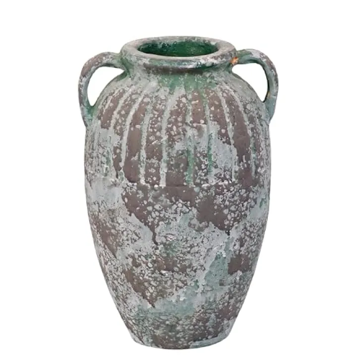 Vintage Mediterranean Ceramic Vase with Handles, Handcrafted Distressed Finish, 10.7 inch Decorative Amphora for Home Decor (camo, 11 inch)