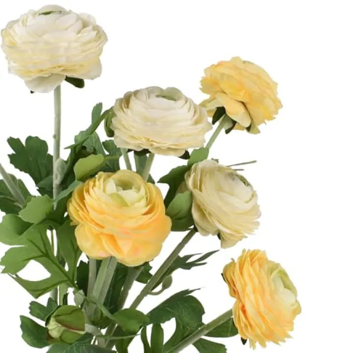 HAIOPS Artificial Ranunculus Flowers, 6pcs Silk Ranunculus Flower Branches with Real Touch Stems and Leaves for Home Decor (White+Yellow)