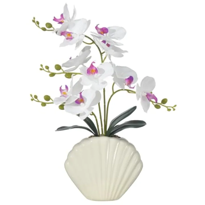 YSZL Artificial Phalaenopsis Orchid Plant in Seashell Pot, 16" Fake Orchid Flowers, Silk Faux Orchids for Home Decor, Office, Table Centerpiece, Real Touch Lifelike Indoor House Plant (White)