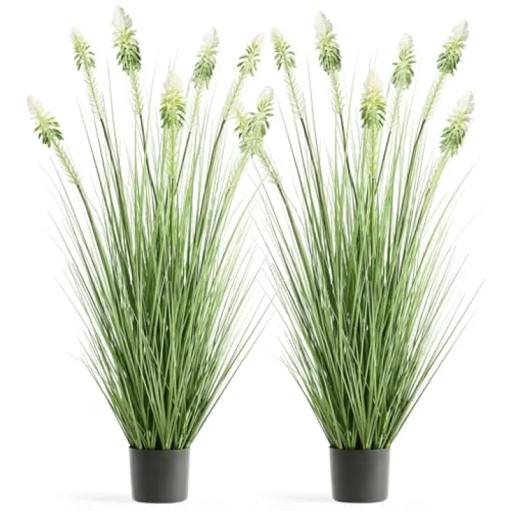 FloraFairy 4ft 2-Pack Horsetail Reed Grass with White Cockscomb Flower, 48in Tall Indoor Outdoor Green Onions Fake Plants in Pot, Home Office Decorative Artificial Plant & Greenery, Wedding Décor