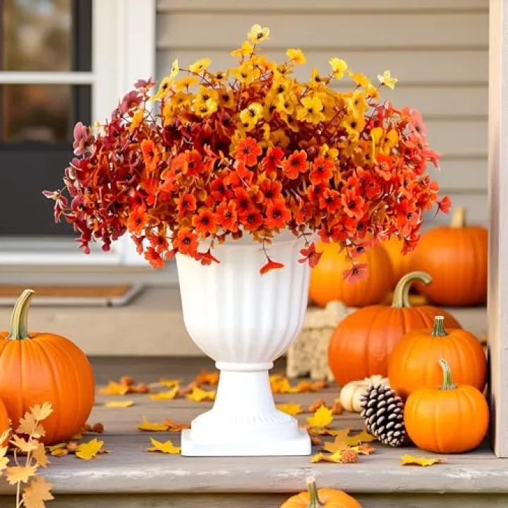 AevrBlos Artificial Fall Flowers for Outdoors Fake Mums Plants, 16 Bundles Faux Orange Eucalyptus Flower Plants UV Resistant No Fade for Home Autumn Garden Thanksgiving Porch Patio Autumn Decor