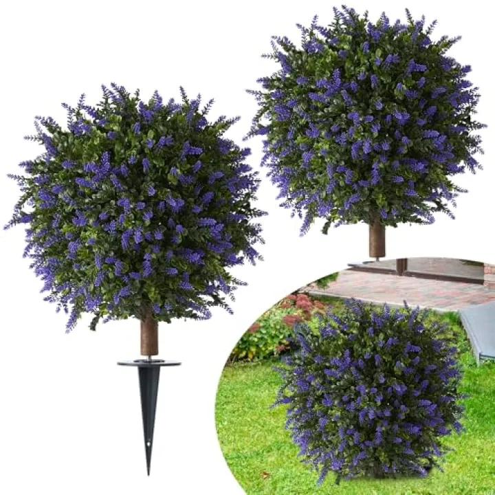 2 Pack 23.6" Artificial Flowering Topiary Tree, Realistic Fake Plants with Ground Spike, UV Resistant for Outdoor, Indoor, Porch, Garden, Patio Decor (Purple)
