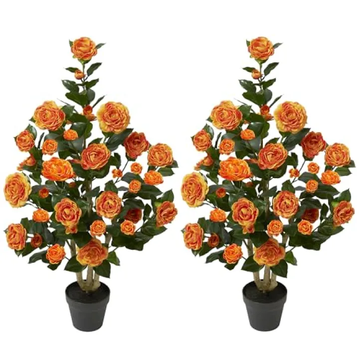 2 Pack 39" Artificial Camellia Tree, Realistic Fake Plants with 24 Orange Flowers for Indoor, Outdoor, Home, Front Door, Christmas, or Winter Decor-Orange