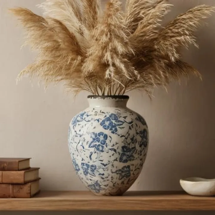 Yimido Blue and White Ceramic Vase 8 Inch – Vintage Floral Pottery Vase with Crackle Glaze, Waterproof Decorative Vase for Flowers, Greenery, Small Bouquets – Farmhouse Cottage Table Shelf Decor