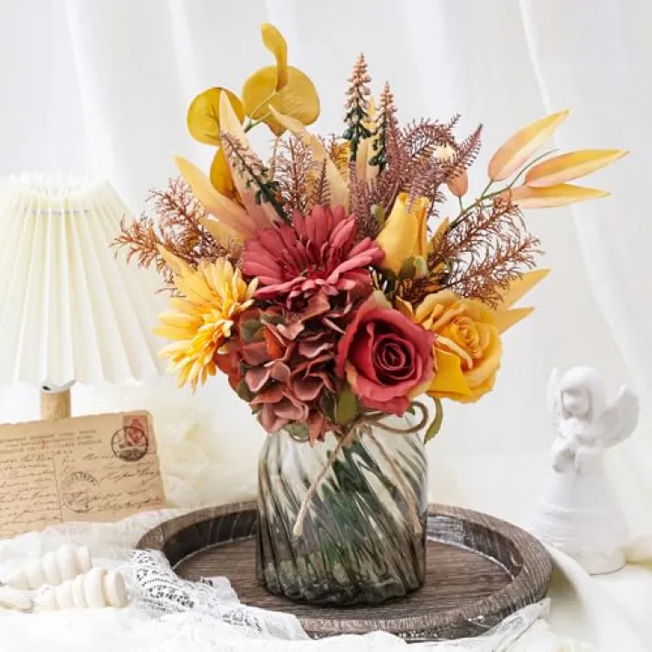 COZZI CODI Fake Flowers Artificial Flowers with Vase, Faux Silk Flowers Fake Plants for Farmhouse Kitchen Dining Table Decorations, Fall Decorations for Home Office