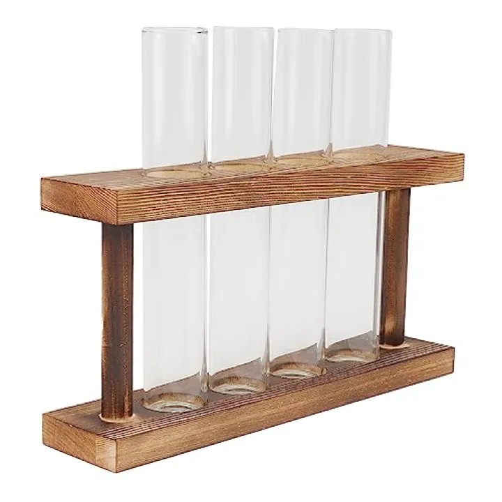 HIAKDOFT Wooden Rack Hydroponic Test Tube Vase Set Glass Water Planting Holder for Home Decoration Creative Desktop Plant Terrarium 6 Test Tubes Suitable for Greenery and Dried Flowers