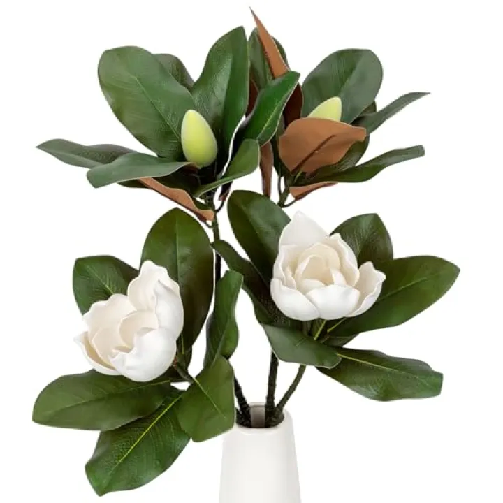 2PCS 33.5inch Artificial Magnolia Flowers with Green Magnolia Leaves and Fruit 3D Real Touch 2 Heads Long Stem Faux Magnolias Flower for Home Wedding Table Office Floral Arrangement Decoration (White)