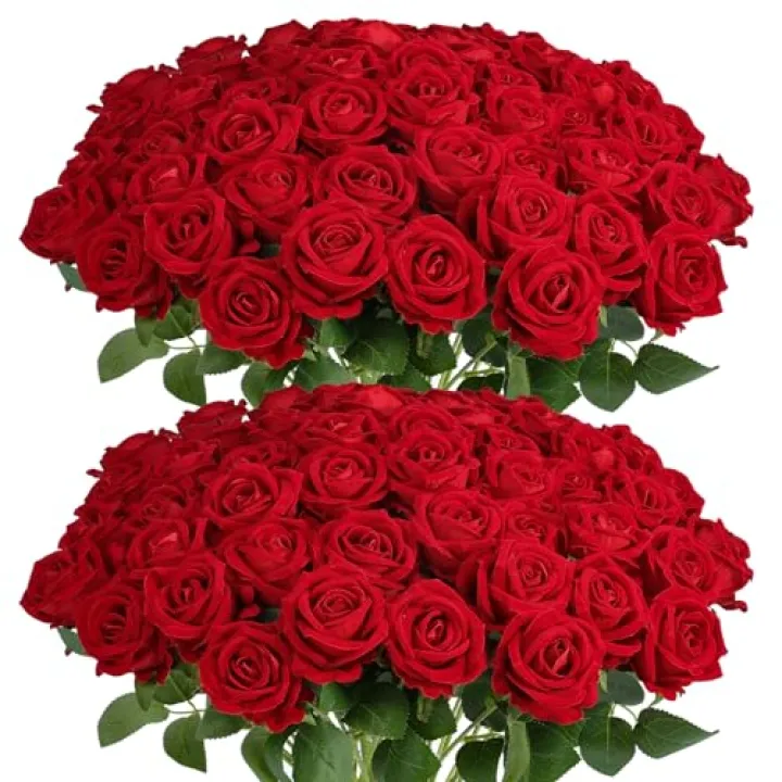 Auihiay 60Pcs Red Roses Artificial Flowers, Velvet Silk Faux Roses, Realistic Red Flowers for Wedding Centerpieces, Cake, Bridal Bouquets, Home Decor, Anniversary, Valentine's Day Decorations