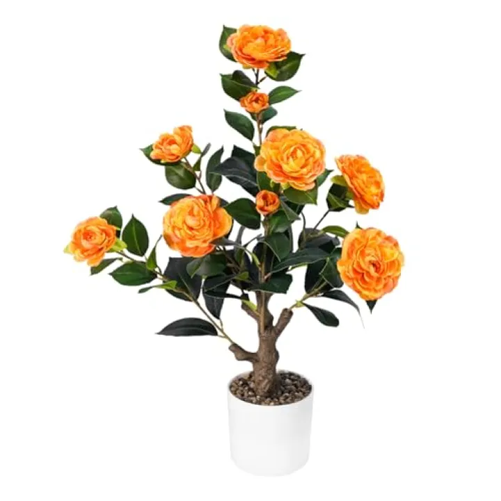 Caxchiling 2FT Artificial Camellia Tree, Small Fake Tree for Outdoor Indoor, Plastic Potted Plants for Home Office, Tabletop Desk Orange Flower Plants (1 Pack)