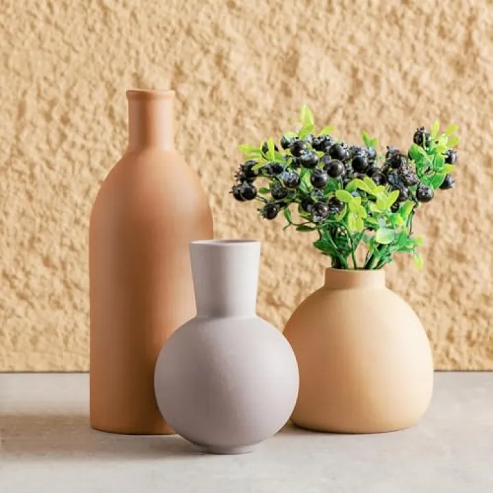 Ceramic Flower Vase Set of 3, Home Decor Vases for Centerpieces, Tulips Flowers Pampas Grass Decor, Boho Rustic Farmhouse Kitchen Bedroom Bathroom Living Room Office Wall Decor Aesthetic -Brown