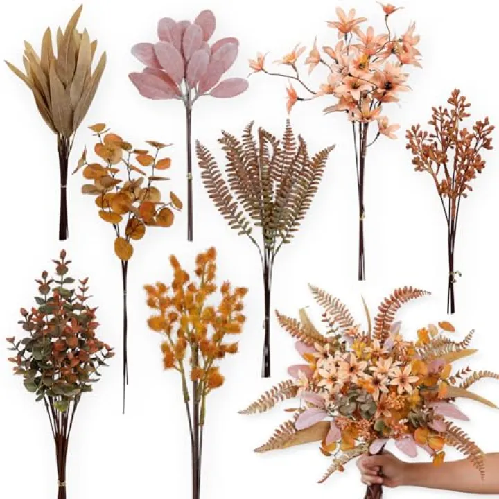 FOTEEWL 75 Pcs Artificial Greenery Stems Box Set,with 8 Kinds of Faux Plants and Fake Flowers for DIY Bridal Bouquets Wedding Floral Arrangement Table Centerpieces Fall Decoration (Orange)
