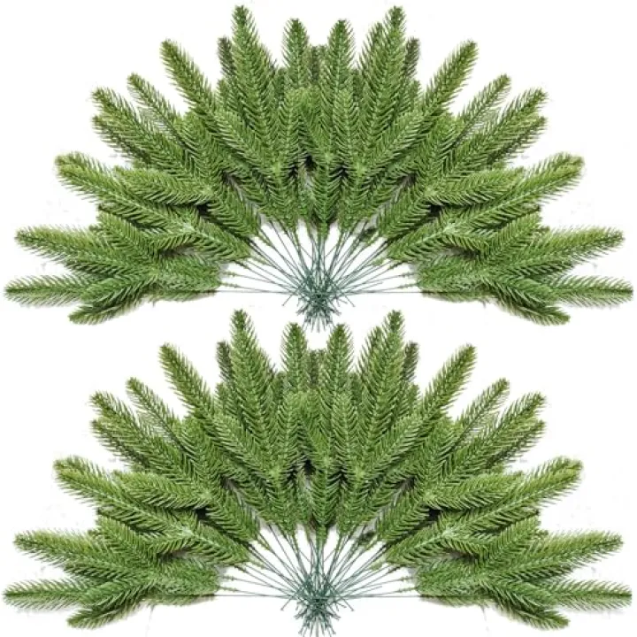 JK-GMTE 30PCS Christmas Pine Needles Green Artificial Pine Branches Fake Greenery Pine Picks for Christmas Crafts Garland Wreath Twigs Stems Tree Decorations