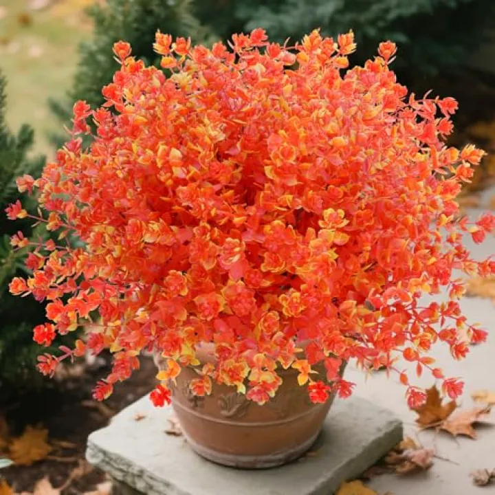 Fcotsm 12 Bundles Faux Mums for Fall Decor, UV Resistant Fall Flowers Artificial for Decoration Fake Mums for Thanksgiving Halloween Autumn Indoor Outdoor Garden Porch Window Wedding(Fall Red)