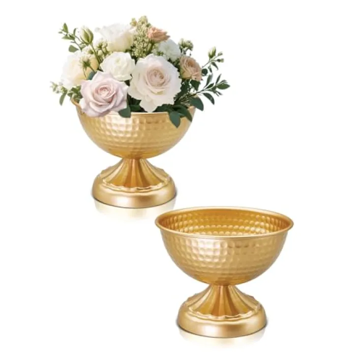 AZXTOPSEZ Hammered Gold Vases for Centerpieces: Gold Flower Vase for Table Wedding 6 Inch Metal Compote Vase for Party Event Vintage Urn Vases Pedestal Bowl for Home Decor Set of 2