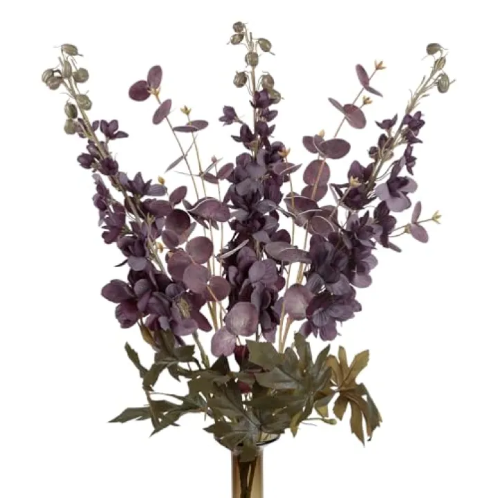IPOPU Plum Delphinium Artificial Flowers Combo Burgundy Eucalyptus Stems 5PCS 34" Long Stem Artificial Flowers for Tall Vase for Wedding Centerpieces Home Table Party Fall Decor (Plum&Burgundy)