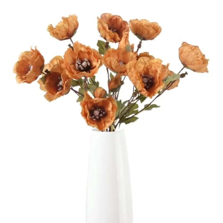 Uznaeoi 6Pcs Fall Artificial Poppy Flowers Orange Fake Poppy Flowers with Long Stems Faux Silk Flower for Bridal Wedding Bouquets Floral Arrangements Centerpiece Table Home Party Decorations (Orange)