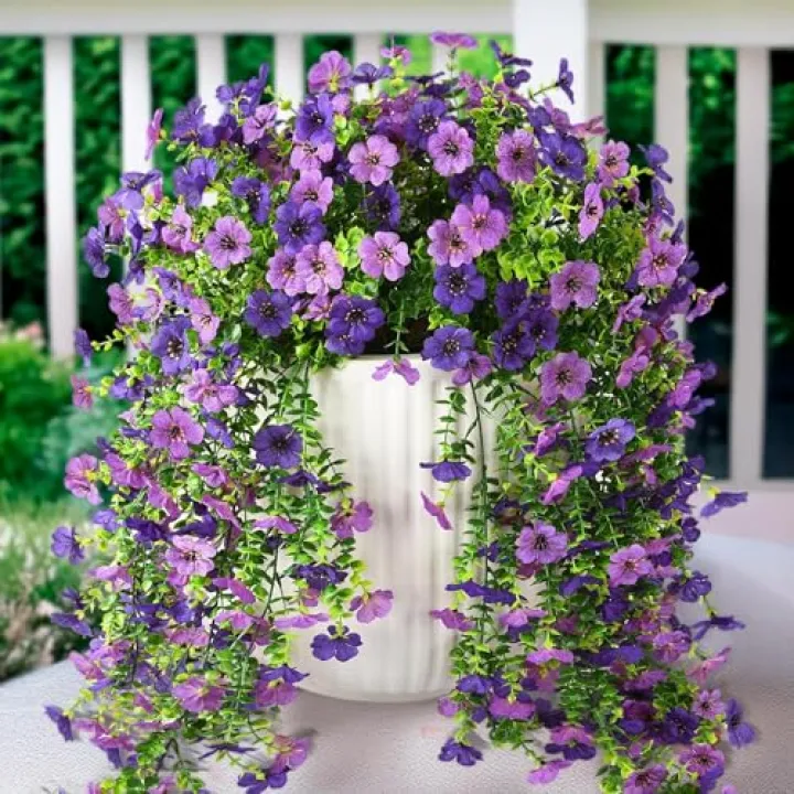 Artificial Faux Hanging Flowers Plants for Outdoor Decor 2 PCS Outside Fake Mums Violets with Eucalyptus UV Resistant Realistic Daisy Trailing Vines for Yard Balcony Porch Decor (Double Purple)