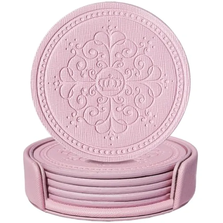 ABCHCHS Coasters Set of 6 - PU Leather Coasters for Drinks with Holder - Pink